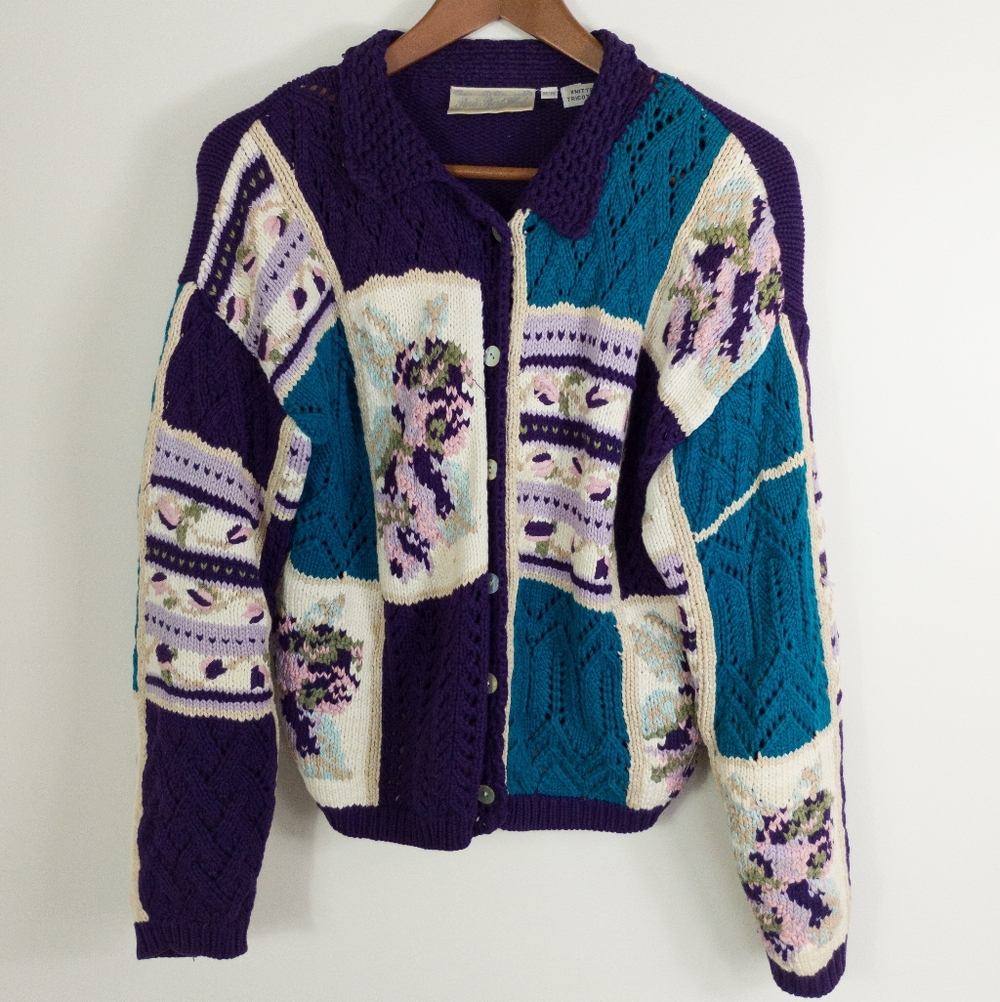 Vintage Paris Sport Club Hand Knit Patchwork Floral Cardigan Sweater Size M